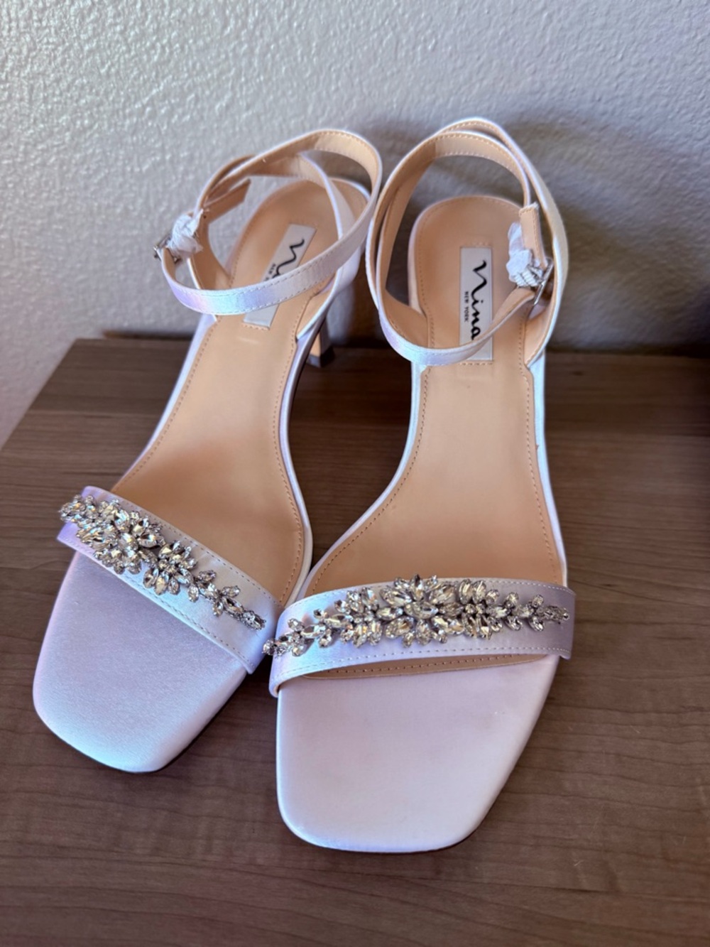 Nina Leidy White Crystal Satin Heels